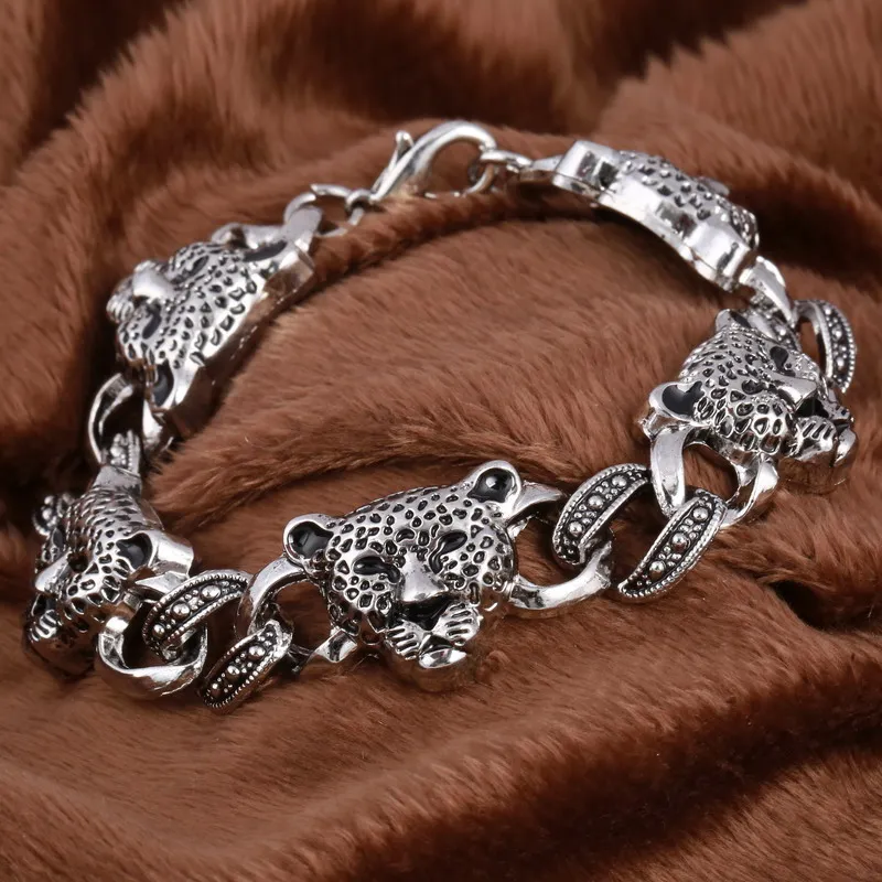Модный браслет цепочка с леопардовой головкой крутой посеребренный для мужчин и