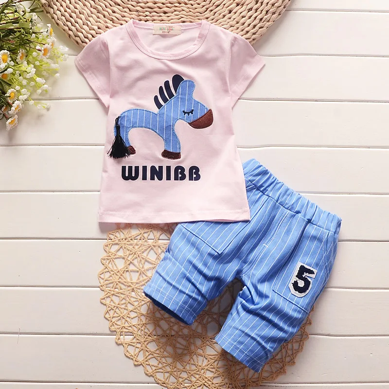BibiCola 2018 summer baby boys clothes set toddler boy cartoon horse tops+stripe short pant 2pcs clothing children tracksuit |