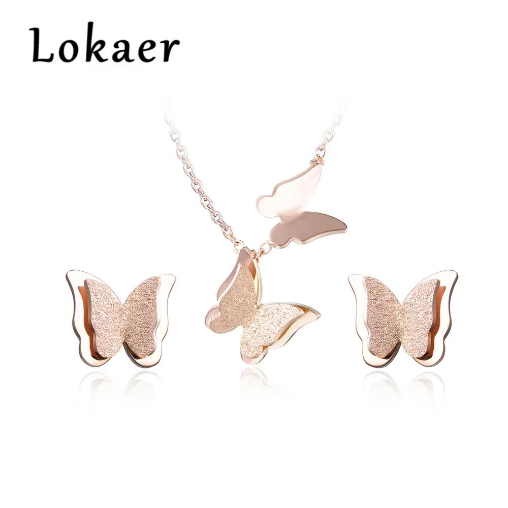 Lokaer модные титановые стальные милые двойные летающие серьги в виде бабочек и кулон ожерелье наборы мода животных комплект ювелирных украшений для женщин - Окраска металла: Покрытие из розового золота
