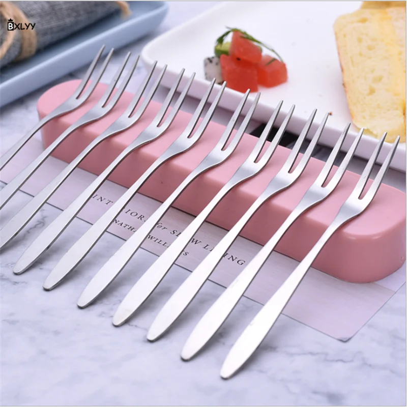 10pc Bxlyy Горячая Нержавеющая сталь плоды вилкой двумя зубьями торт-закуска вилка Кухня гаджеты украшения для домашнего праздника поставки Кухня Accessories.8z - Цвет: 10pc