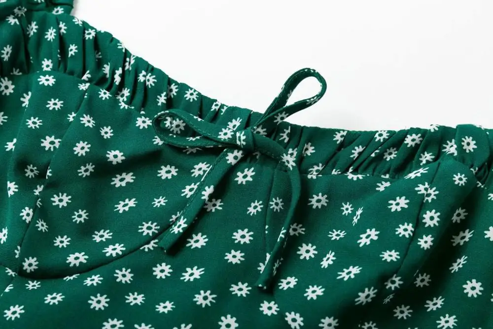 Slim vestidos Green Floral Print Midi Dress Bust Bow Tie summer Vintage Lantern Sleeve women dresses Drop ship | Женская одежда