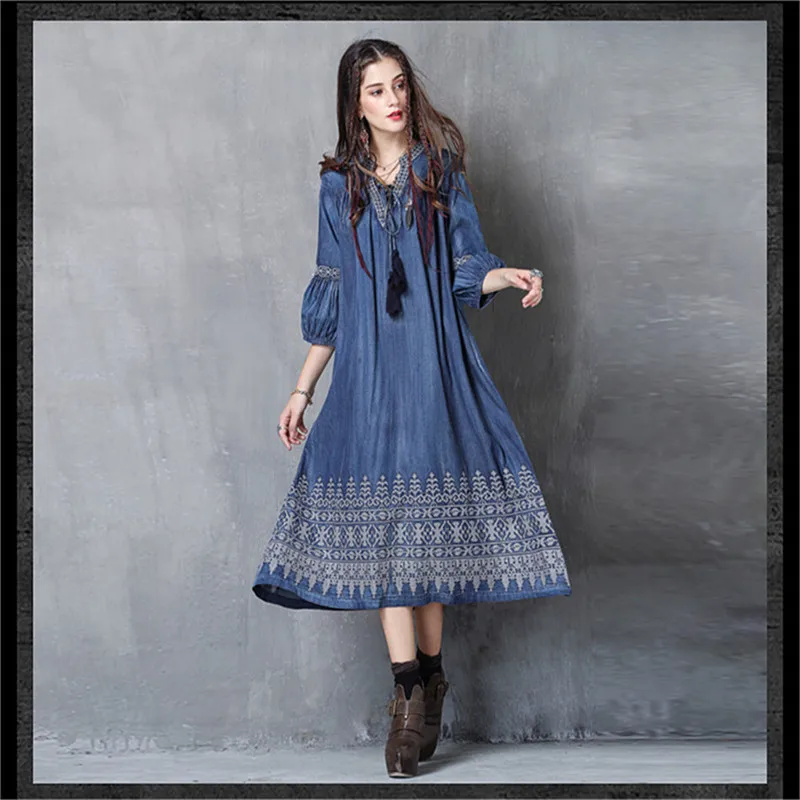 Женское платье с кисточками Vestido весеннее Новое джинсовое платье с v-образным вырезом три четверти рукав-фонарик Цветочная вышивка винтажные платья