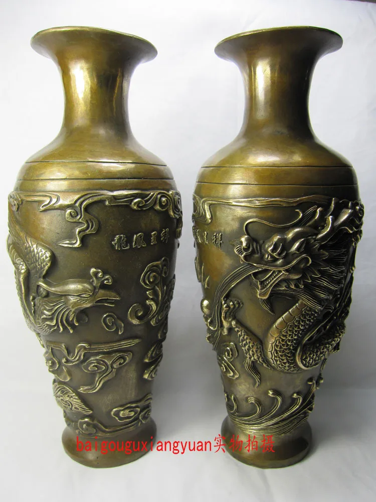

Marked Chinese Copper Bronze dragon phoenix crane flower Bottle Pot vase pair Garden Decoration 100% real Brass Bronzeroom Art