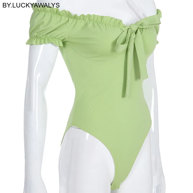 Для женщин пикантные со складками с открытыми плечами Slash шеи летнее боди 2019