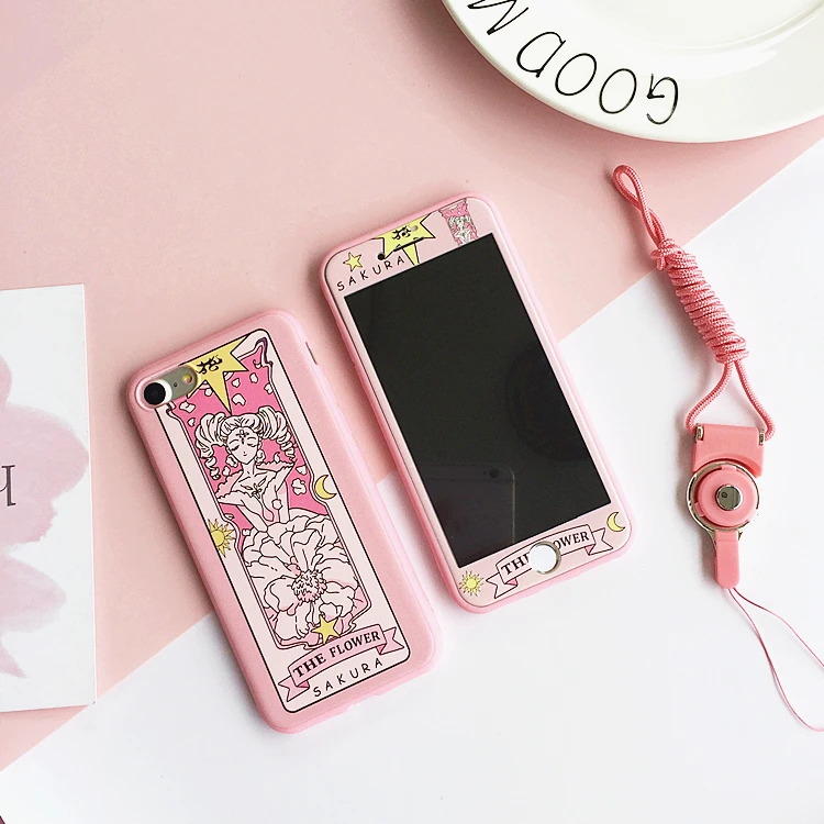flower Для iPhone 8/8 plus Captor SAKURA Чехол+ пленка для экрана из закаленного стекла, супер милый мягкий чехол для iPhone 7 plus 6 6S plus Fundas - Цвет: flower
