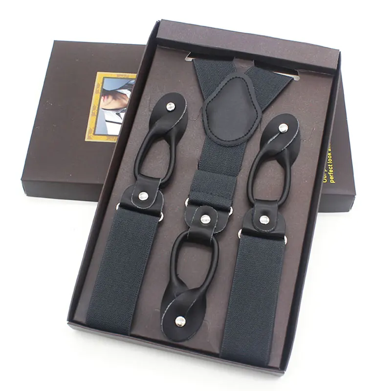 DARK GRAY Мужские подтяжки из натуральной кожи, 6 пуговиц, ремешок, Модный Эластичный регулируемый смокинг, y-образная спинка, подтяжки, 3,5*120 см, с подарочной коробкой - Цвет: DARK GRAY