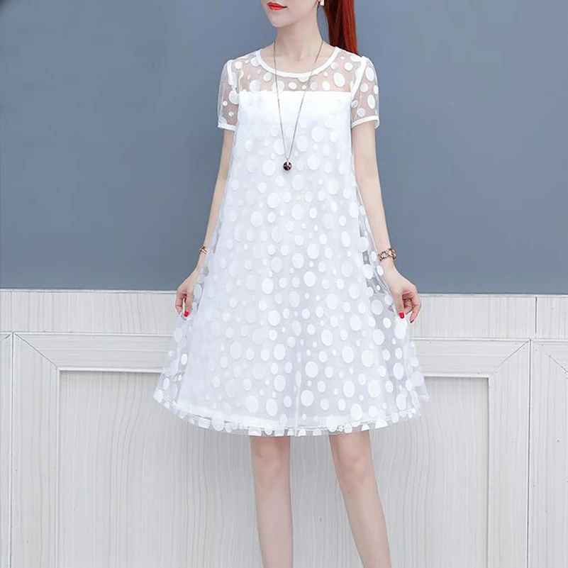 Женское шифоновое платье в горошек белое кружевное свободное до колен одежда для