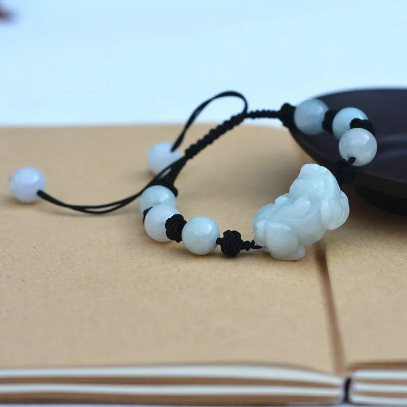Drop Shipping AAA Natural Jadeite Bracelet Cute Handmade Weave Carved PIXIU With Round Beads Lover's Bangles Gift Jades Jewelry |
