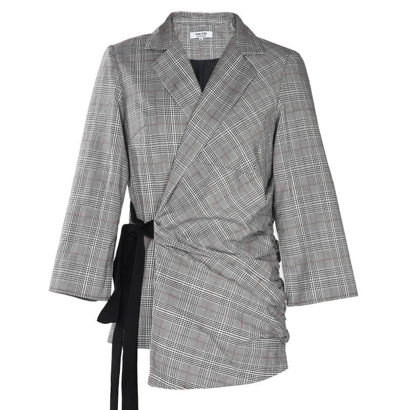 

Brand Plaid Suit Coat for Women Lace Up Loose Casual Fashion Hight Quality Outerwear Autumn Winter