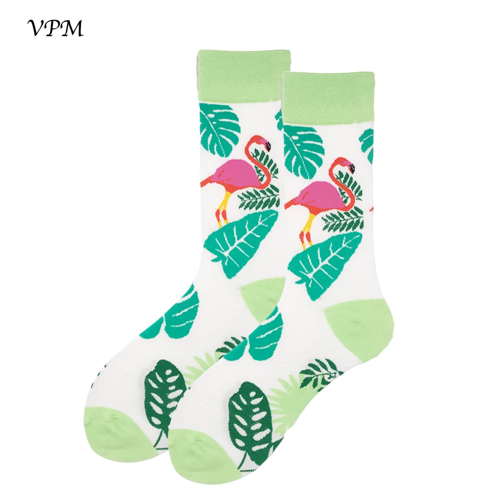 VPM красочные хлопок Мужские носки смешные счастливые Фламинго листьев