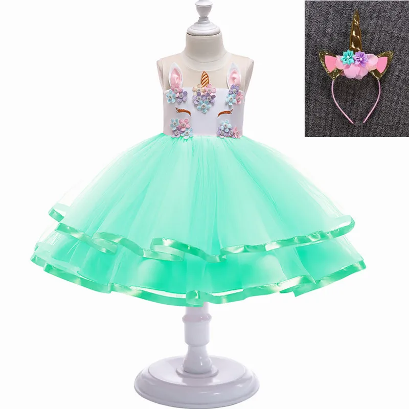 Green with headdress Для маленьких девочек с цветочным узором для девочек с единорогом; платье-пачка принцессы; платье для дня рождения; модное платье для вечеринки Рождественская одежда костюм единорога - Цвет: Green with headdress