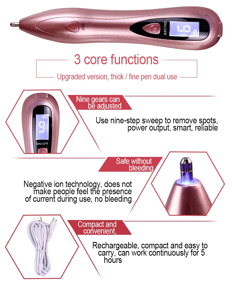 Rose Gold Plasma Pen Laser Skin Mole Removal Dark Spot / Acne /Freckle /Wart Remover No Side Effects Medical Beauty Instrument