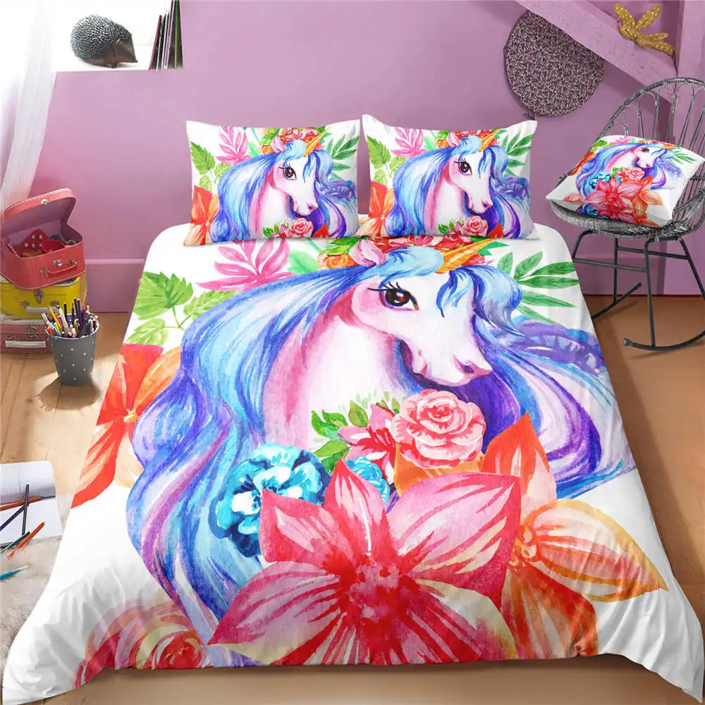 

Cartoon Rainbow Unicorn Bedding Set Twin Students Dormitory Teens Comforter Cover Pillowcase Girls Bedclothes Duvet Cover Set