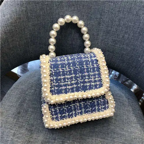 blue Женская Стеганая Сумочка, винтажная, с жемчужной ручкой, с клапаном, вечерняя сумка, шерсть, мех ламд, женские сумки на плечо, повседневная женская сумка через плечо - Цвет: blue