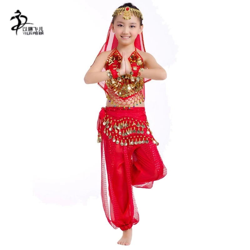 Индийский костюм детский топ для танца живота шифон бусы монеты bellydance пояс
