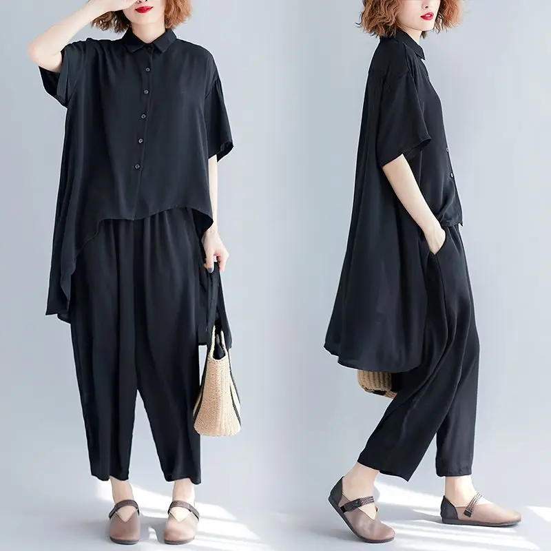 

NYFS 2020 New Summer Cotton Linen Women Set Solid Short Sleeve Tops+pants 2 piece set Women Suit set