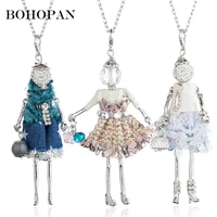 chic doll pendant necklace women shiny rhinestone silver metal long chain beaded handbag girls fashion jewelry collier femme