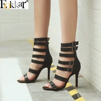 eokkar 2019 big size 45 open toe women gladiator pumps super high heel 10cm rome ladies shoes buckle stilettos heel size 34 45