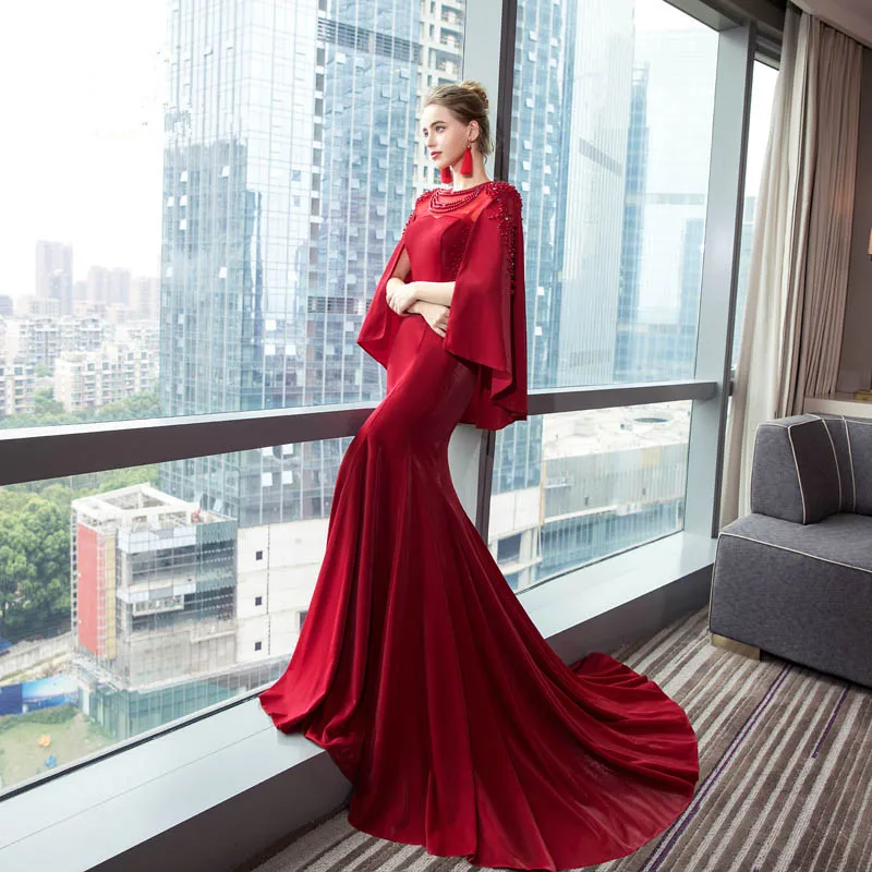 JaneVini Vestidos роскошный с бисером Жемчуг Русалка мать невесты платье со съемным мысом женские бордовые атласные вечерние платья