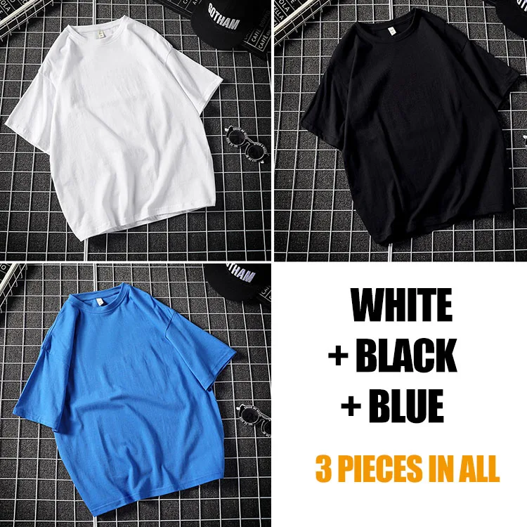 Black-White-Blue Распродажа, упаковка из 3 повседневных однотонных хлопковых футболок, мужские белые фиолетовые футболки с коротким рукавом, летние уличные футболки больших размеров BD129 - Цвет: Black-White-Blue