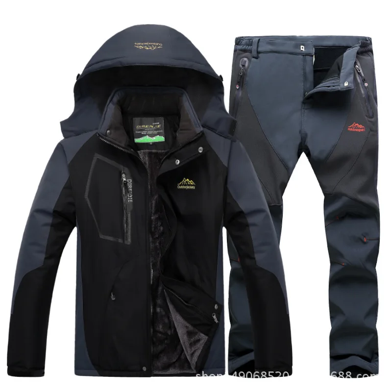 Black - gray pants Зимний мужской открытый альпинистский костюм для отдыха на природе Одежда Брюки мужские ветрозащитные водонепроницаемые теплые утолщенные лыжные свободные куртки брюки - Цвет: Black - gray pants
