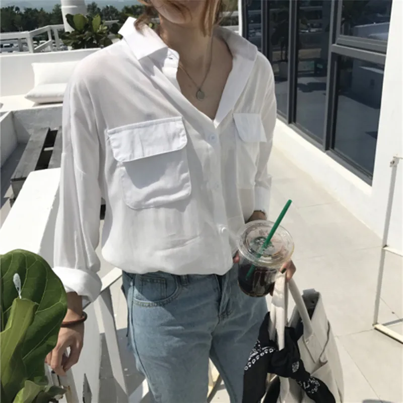 2019 весенние корейские шикарные свободные шифоновые рубашки Женская однотонная