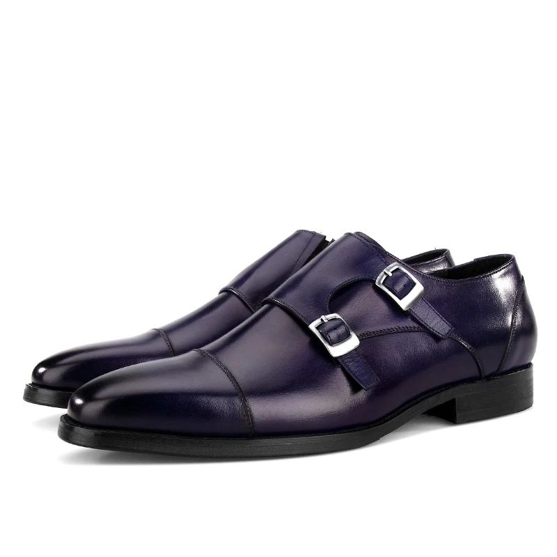 Синий QYFCIOUFU Mens Double Monk Strap Classic Genuine Leather Dress Shoes Mens Suit Shoes High Quality Classic Elegant Shoes New - Цвет: Синий