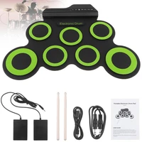 portable electronic digital usb 7 pads roll up set green silicone electric drum kit with drumsticks and sustain pedal