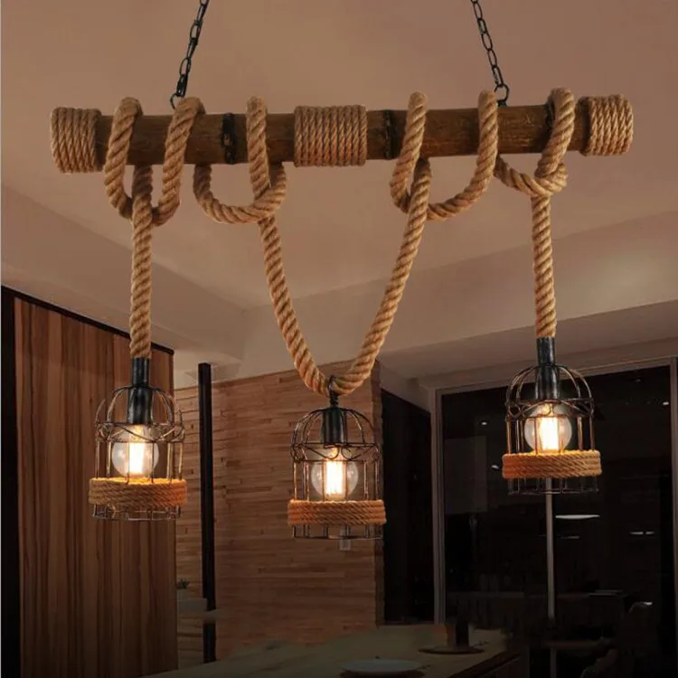 Pearmon Loft Vintage Rural Pendant Light Hemp Rope Bamboo Iron Cage Lamp Hand Knitted Lighting Fixture Restaurant Dining | Лампы и