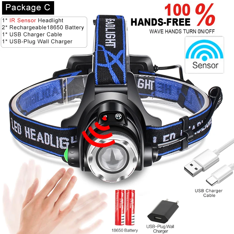 Package C 15000LM Montion сенсор светодиодный налобный фонарь T6/L2/V6 светодиодный налобный регулируемый светильник Головной фонарь Lanterna водонепроницаемая лампа для кемпинга - Испускаемый цвет: Package C