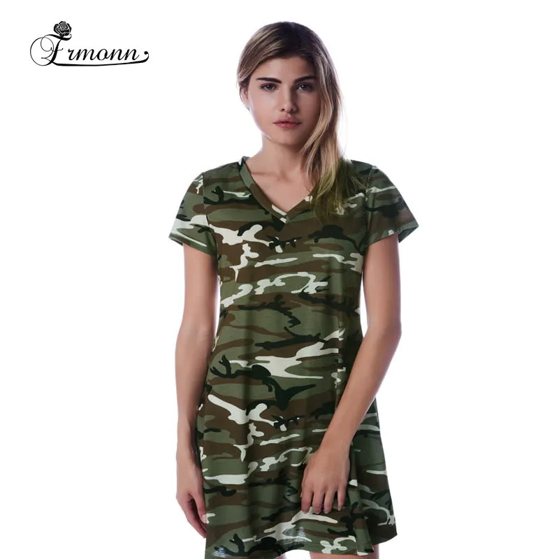 2016 женская мода лето хлопок Камуфляж bodycon платье с коротким рукавом V-образным