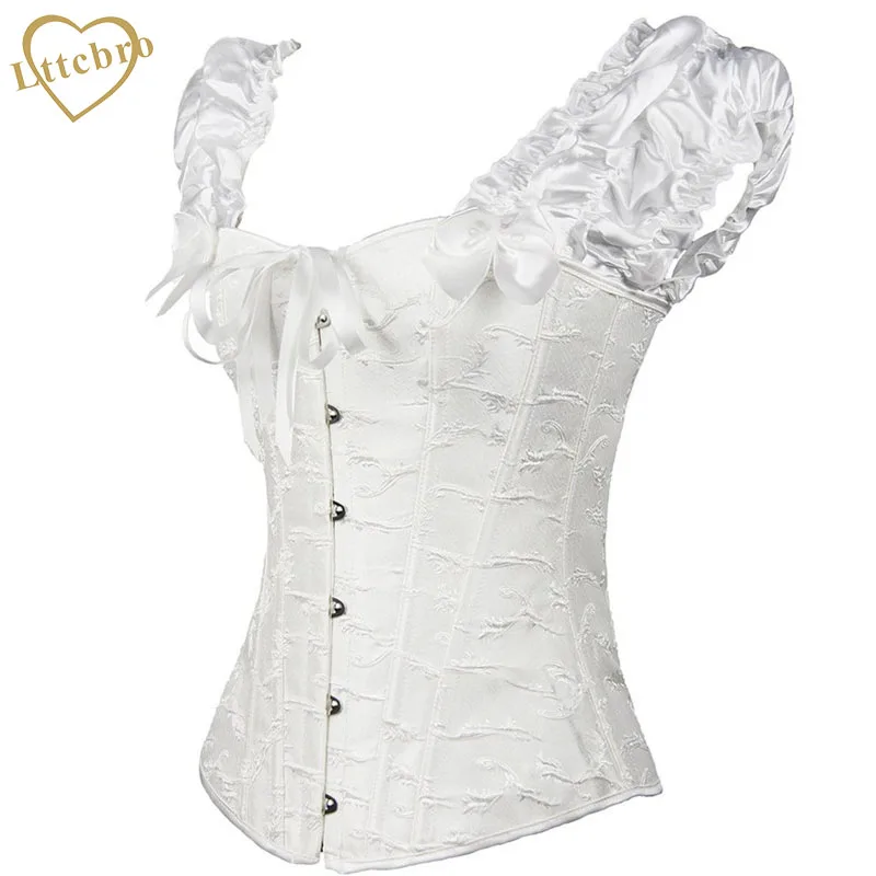 Черный корсет из парчи с рюшами на рукавах сексуальный женский вышитый полностью