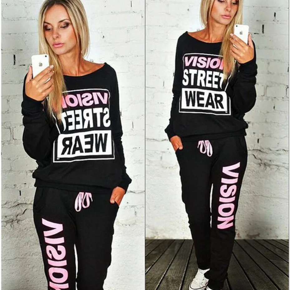 Zogaa Women Tracksuit 2 Piece Matching Set Black Gray Sweatsuit Casual Printed Long Sleeve Pullovers and Pants |