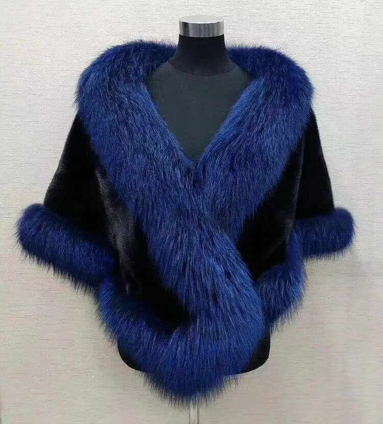 black and blue Элегантные Свадебные накидки из искусственного меха зимнее свадебное запашное пальто-халат с поясом - Цвет: black and blue
