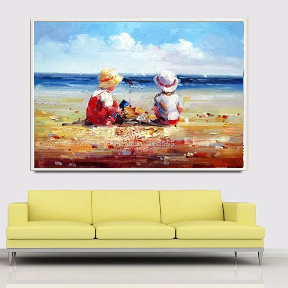 hand painted European style oil painting kids on beach canvas wall picture sea view pictures for living room | Дом и сад