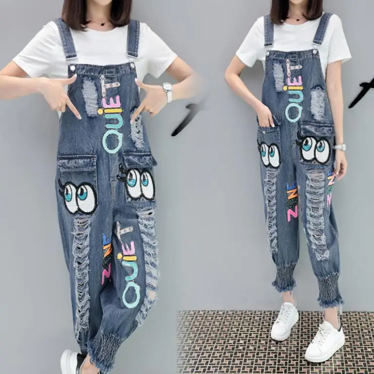 2018 Harajuku Street style women Denim Jeans Cartoon Sequined jean Jumpsuits Colored Letters and Ripped Hole Women Jean s1807 | Женская