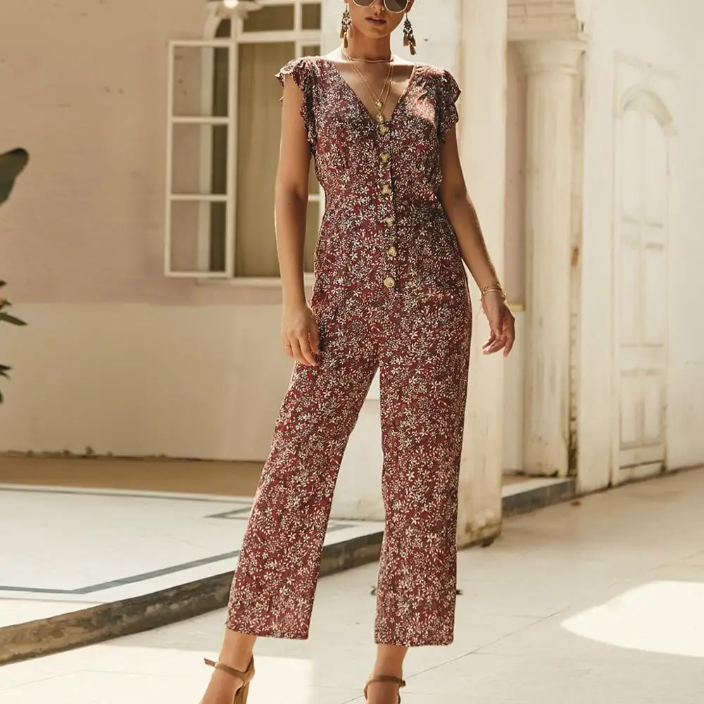 брючный комбинезон женский летний мода 2019 свободный цветочный на пуговицах