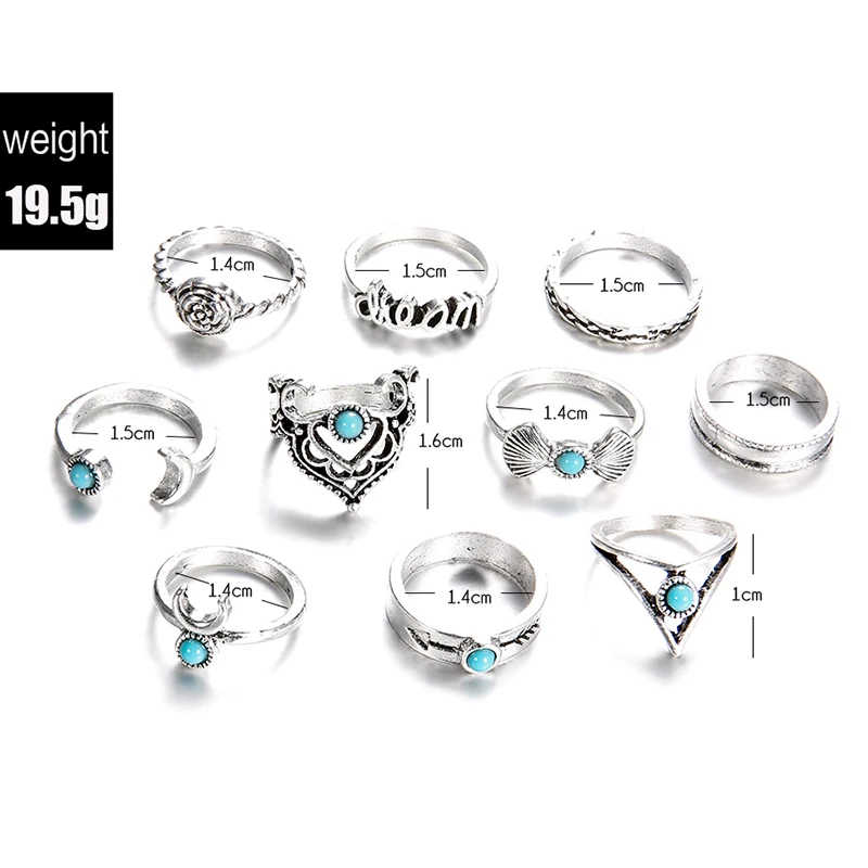 10 Pcs/Set Women Charm Bohemia Retro Moon Fatima Letter Flower Arrow Shell Crown Gem Opening Ring Set Party Wedding Jewelry Gift | Украшения