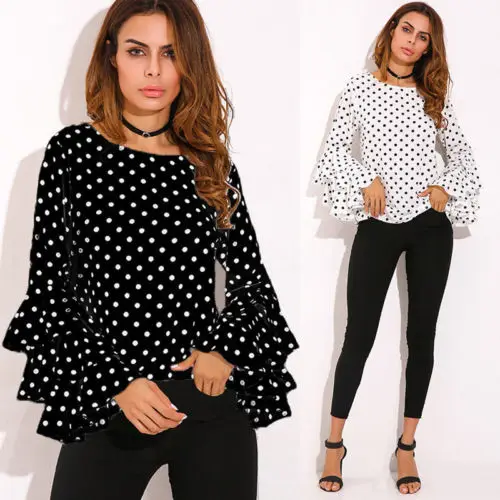 Женская блузка в горошек с длинным рукавом и оборками|ladies casual blouses|women blousescasual blouse |