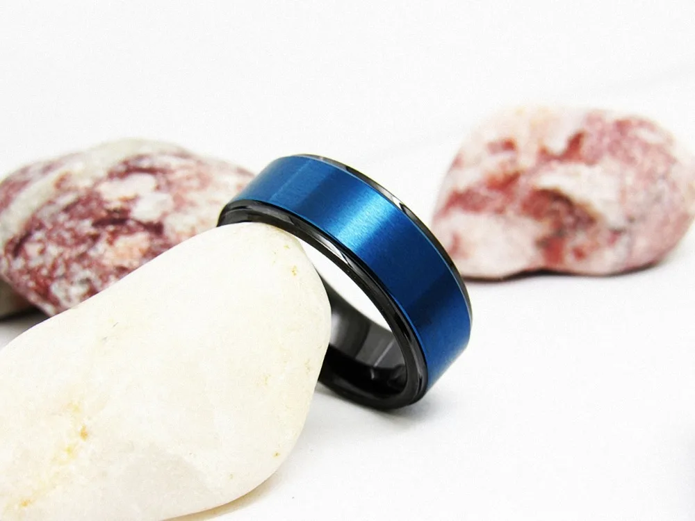 Вольфрамовое кольцо 8 мм черно синие подходящие мужские обручальные кольца
