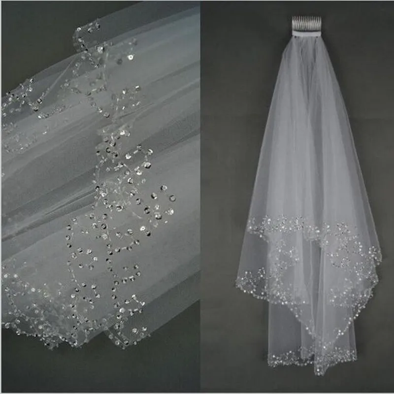 

White Ivory Bridal Veils 2018 Wedding Veils Bridal Veil 2 Layer Handmade Beaded Crescent edge Bridal Accessories Veil