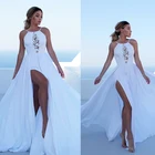 Очаровательное очаровательное пикантное белое длинное шифоновое платье без рукавов с лямкой на шее официальное платье для выпускного вечера с высоким разрезом