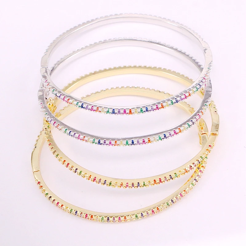 

4PCS, Rainbow CZ Micro Pave Charm Colorful Zirconia Lady Girl Bracelets Gold/Silver Color Cuff Bangles Elegant Jewelry Gifts