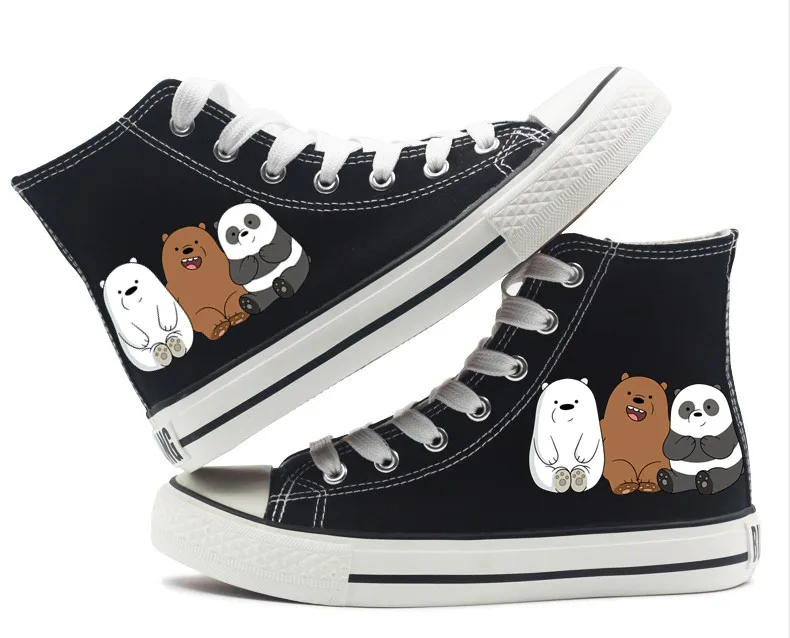 CN We Bare Bears/парусиновые туфли с принтом медведя из мультфильма для мужчин, женщин, мальчиков и девочек, унисекс, высокие парусиновые туфли на плоской подошве черного и белого цвета