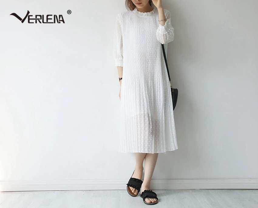 Verlena, корейское, японское, свежее, милое, жаккардовое, шифоновое, летнее платье, женское, сплошное, черное, длинное платье, со стоячим воротником, плиссе, платье-комбинация
