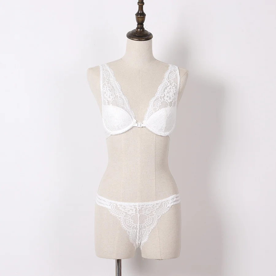 white Front Closure Backless Bra Floral Lace Bra with Tong Set Underwear Women Lingerie Full Cup Deep Plunge Brassiere - Цвет: white