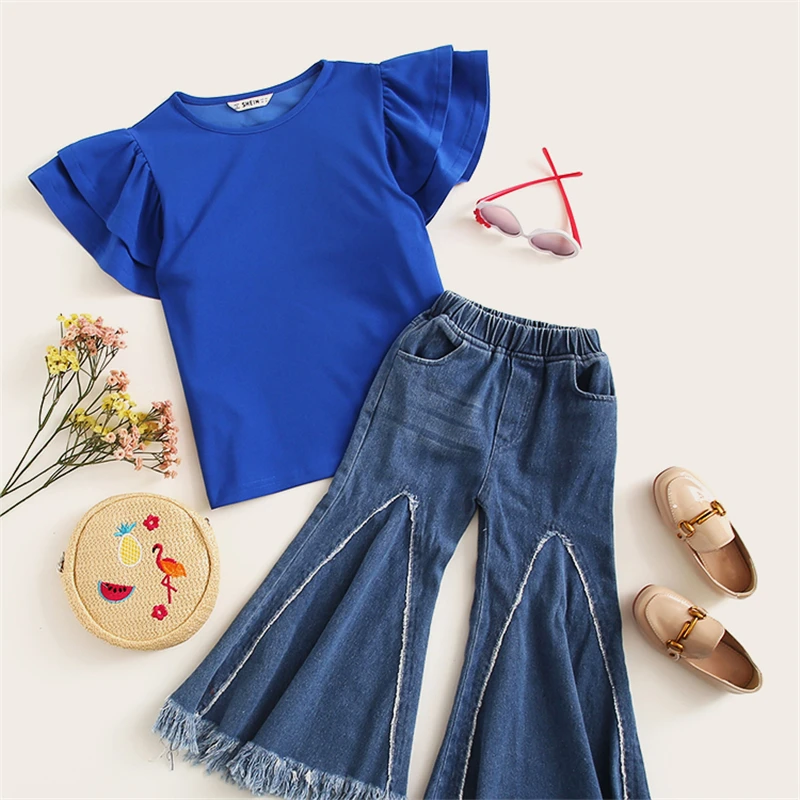 SHEIN kids/однотонная повседневная детская блузка с оборками и многослойным рукавом; коллекция года; сезон лето; милые блузки с рукавами-крылышками; топы для девочек-подростков