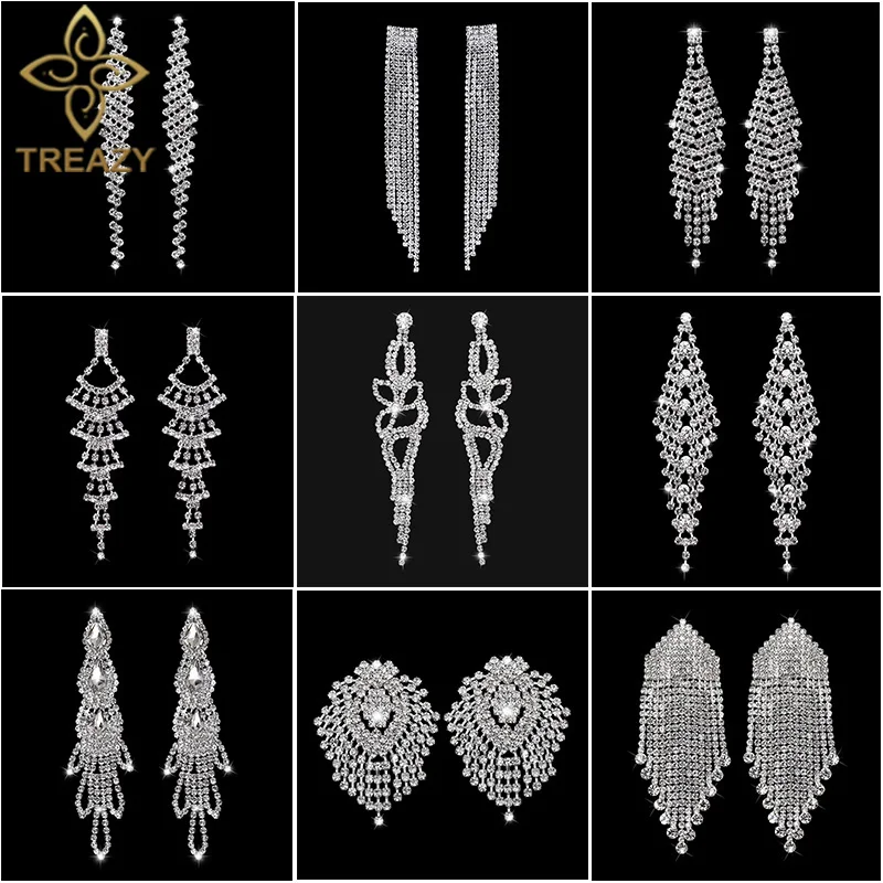 

TREAZY Silver Color Crystal Long Wedding Drop Earrings for Women Rhinestones Tassels Dangle Earrings Brides Gifts Party Jewelry