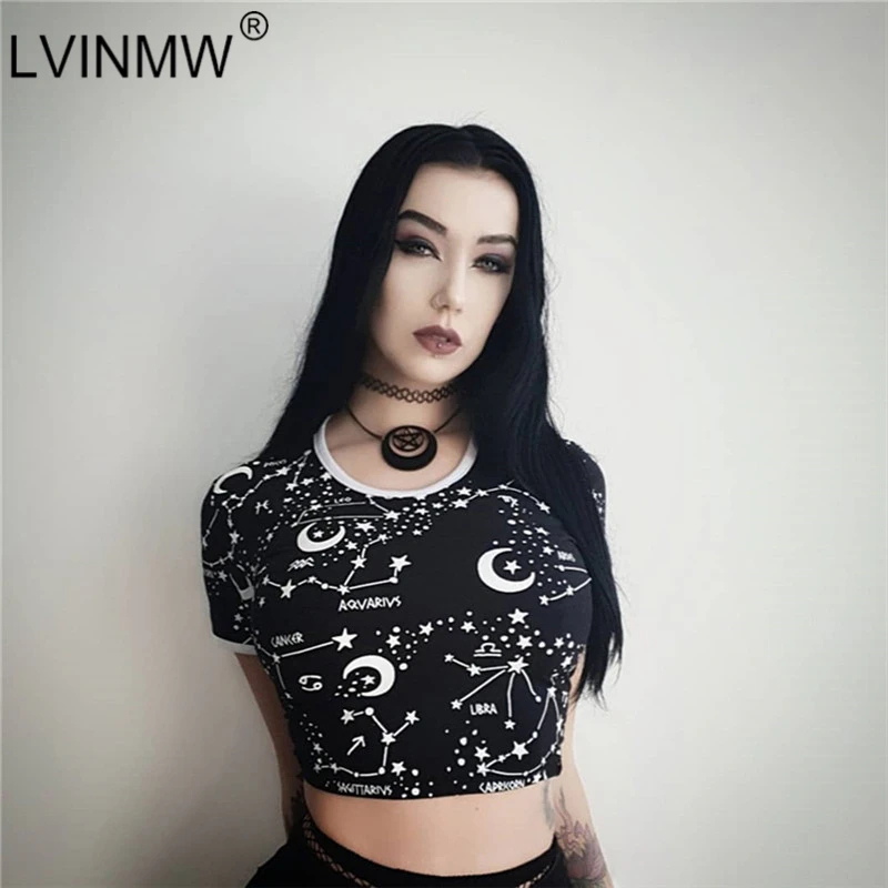 LVINMW сексуальный черный с принтом галактики короткий рукав укороченный топ 2019
