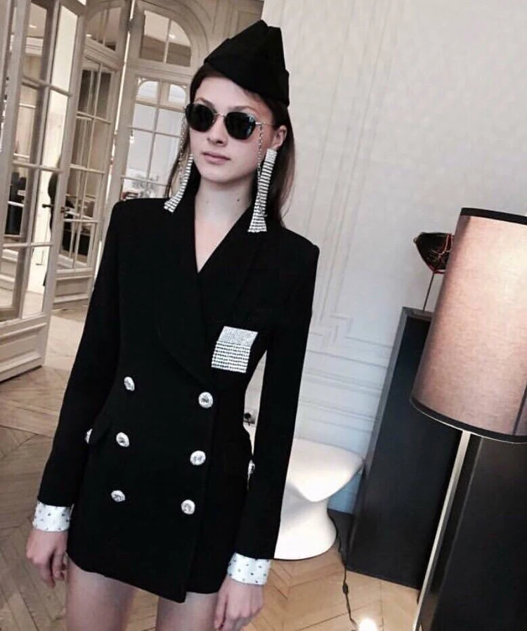 YD-EVER Autumn Women Long Sleeve Double Breasted Diamonds Button Brooch Beading Blazer Jacket Suit Runway Lapel Black Blaz | Женская